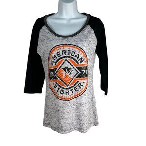 American Fighter Womens Raglan Shirt Small Black & Gray Graphic Logo 3/4 Sleeves